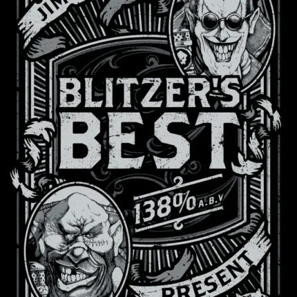 Black and white vintage label reading Blitzer's Best with two grinning cartoon portraits