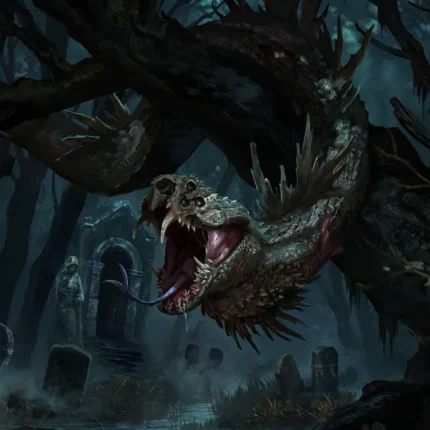 Giant scaly swamp monster with an open mouth among twisted branches above a misty night graveyard