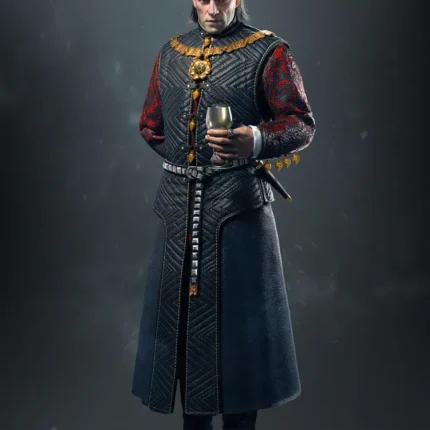Stern nobleman in a long blue coat with gold collar holding a glass