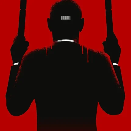 Black silhouette from behind with a barcode and two raised pistols on red
