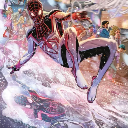 Miles Morales leaping above a busy snowy city street with shop lights