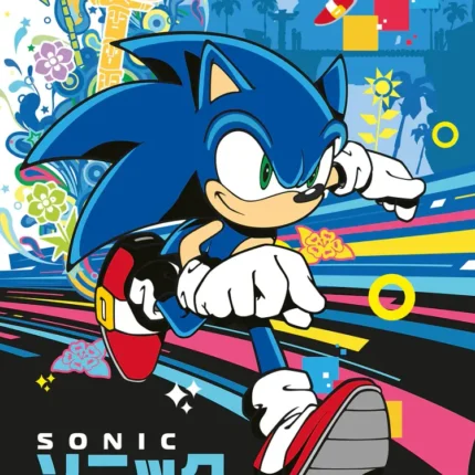 Sonic the Hedgehog running on a colorful poster with katakana text