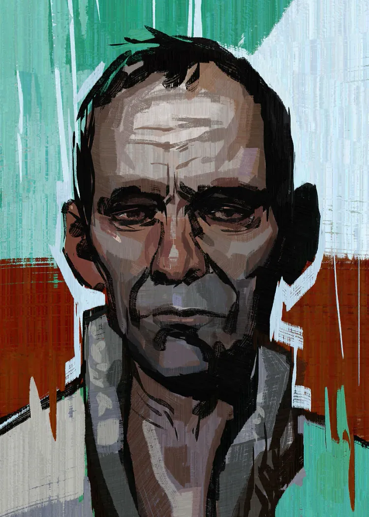 Weathered Man Portrait on Turquoise and Rust Background Art Poster Painted portrait of a weary man against turquoise and rust-brown color blocks