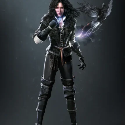 Dark-haired sorceress in black leather with a glowing hand and a raven