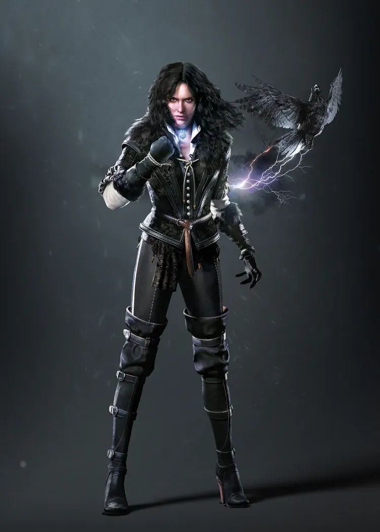 The Witcher Yennefer Dark-Haired Sorceress with Raven Poster Dark-haired sorceress in black leather with a glowing hand and a raven