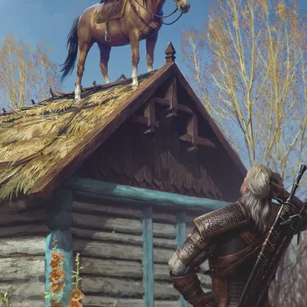 Brown horse standing on the thatched roof of a log cabin with armored figure
