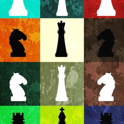 Grid of chess pieces in black and white on colorful textured squares