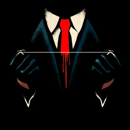 Torso in a dark suit and red tie with gloved hands holding a thin wire on black