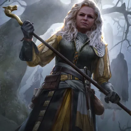 Blonde woman in a yellow tunic holding a serpent-topped staff in a foggy forest with large old trees