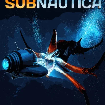 Subnautica game poster with submersible and sea creature in dark water