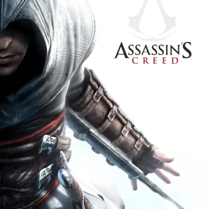 White-hooded assassin with extended hidden blade next to the Assassin's Creed logo