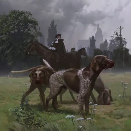 Two spotted hunting hounds in a meadow with a distant rider and stormy ruined city