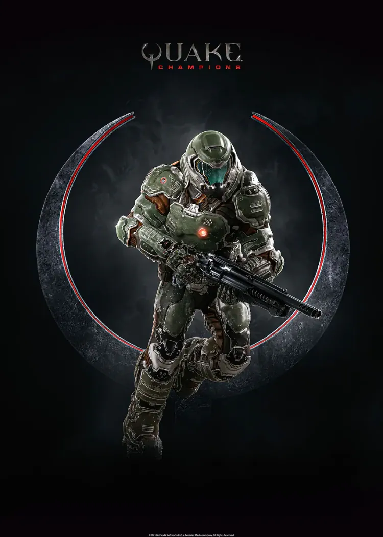 Quake Champions Armored Space Marine Rifle Gaming Poster Soldier in green and grey armor with a helmet advancing with a rifle before the circular Quake emblem