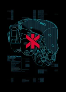 LumiPoster — Cyberpunk helmet technology diagram
