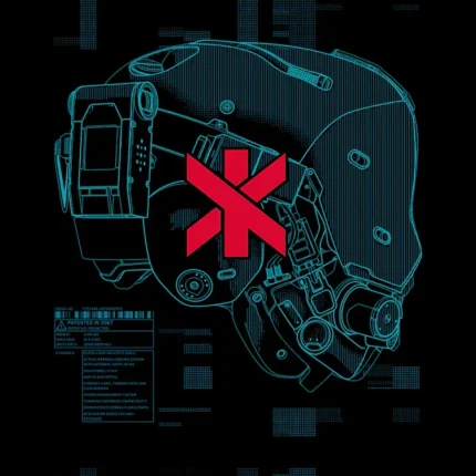 Cyan wireframe blueprint of a futuristic helmet with a red logo on black