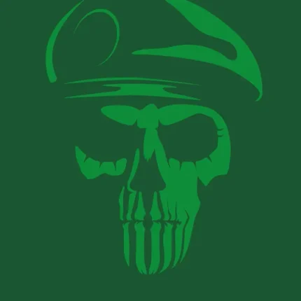 Bright green skull wearing a beret on a dark green background with the name Caveira