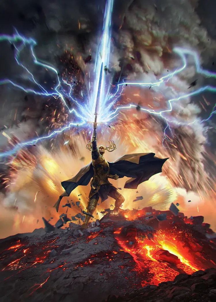 Gwent Lightning Sword Warrior on Volcano Fantasy Poster Warrior raising a sword to lightning above glowing lava in a stormy sky