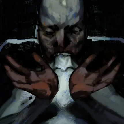 Painted portrait of a bald man with hands raised to his face in a dark room