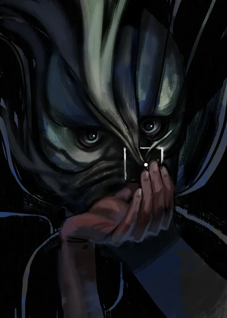 Disco Elysium Pensive Masked Face Resting on Hand Poster Striped blue mask-like face resting on a hand with a small crosshair mark