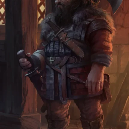 Bearded dwarf warrior in fur and leather armor holding a dagger with an axe