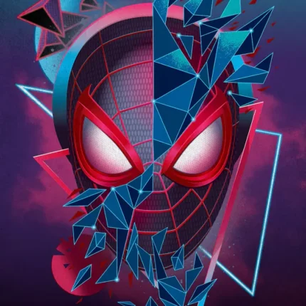 Spider-Man mask breaking into blue geometric shards on a neon purple background