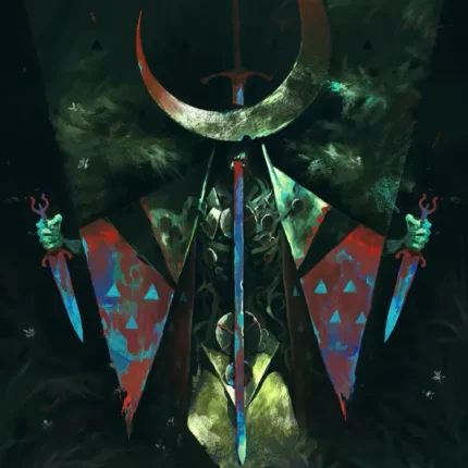 Red crescent moon above a sword and two daggers on a dark green leafy background