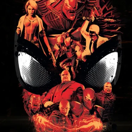 Spider-Man mask silhouette filled with a collage of red-toned villains