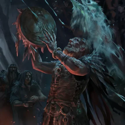 Shaman in fur armor raising a drum as a ghostly blue raven rises above him
