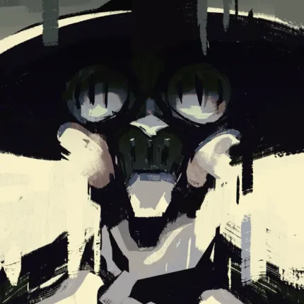 Figure in a wide-brimmed hat and round-lensed gas mask in black and cream