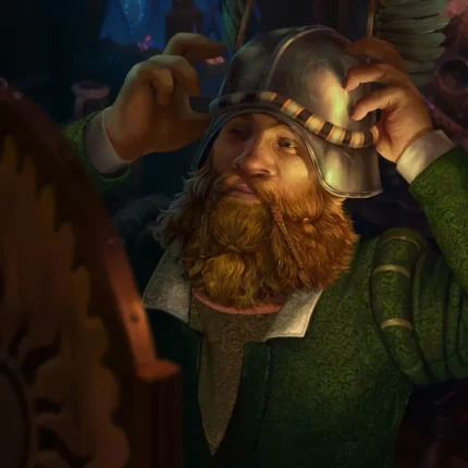 Red-bearded dwarf in a green tunic adjusting a winged metal helmet