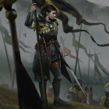 Armored soldier holding a black and yellow battle flag on a misty hill among many banners