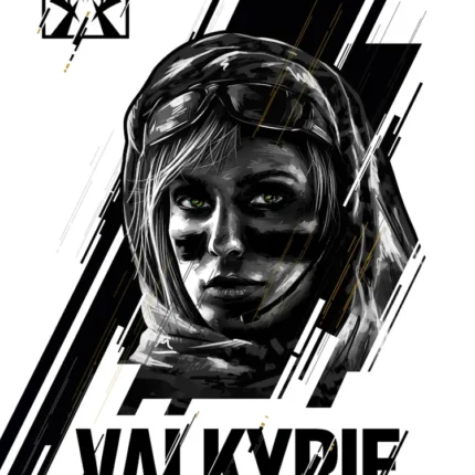 Black and white portrait of Valkyrie with goggles and scarf on diagonal strokes, Rainbow Six poster
