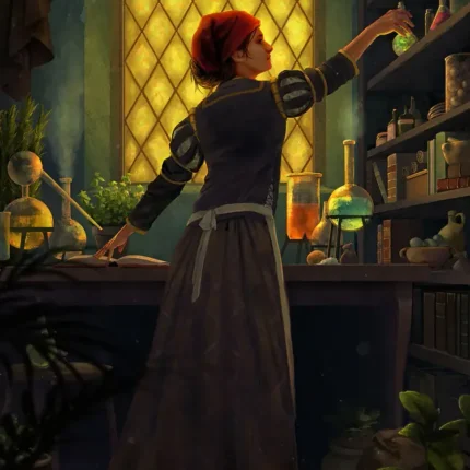 Red-haired alchemist reaching for a bottle on a shelf near a glowing window