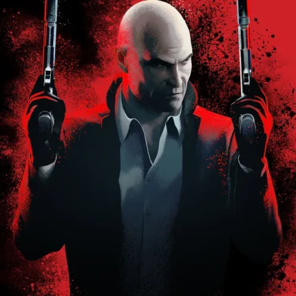 Bald agent in a dark suit holding two silenced pistols on a red and black background