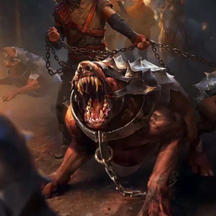 Tamer holding chains on a snarling spiked-collar beast in a torch-lit dark camp