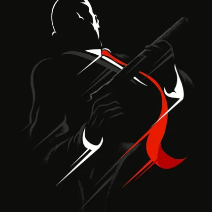Abstract white line drawing of a bald man with a rifle and red tie on black