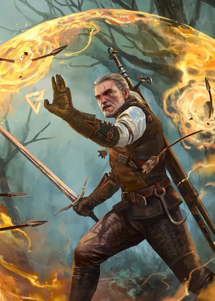 White-Haired Swordsman Casting a Fire Spell in Dark Forest Poster Gray-haired swordsman with swords on his back casting a ring of orange fire in a misty forest