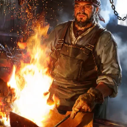 Bearded blacksmith in an apron beside a blazing forge with flying sparks