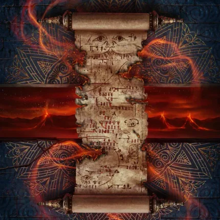 Ancient scroll with rune markings wrapped in glowing red and orange magical flames