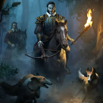 Horseback hunter with crossbow and torch and hounds in a misty blue night forest
