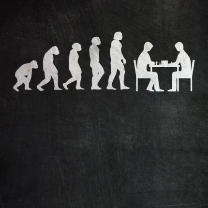 White evolution silhouettes ending with two people playing chess on a chalkboard