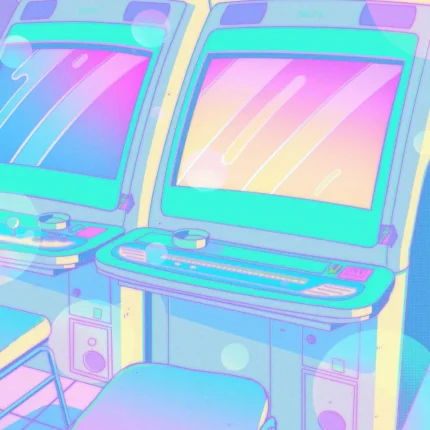 Two pastel arcade machines and a stool in mint, pink and lavender colors