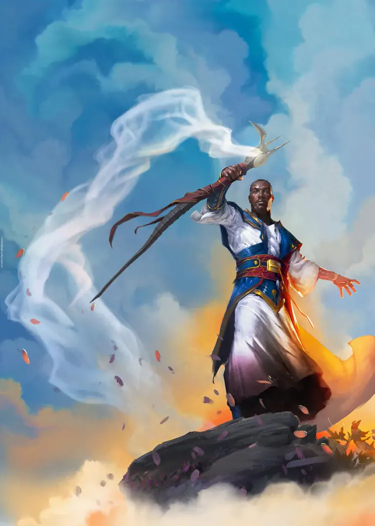Magic The Gathering Teferi Wizard With Swirling Smoke Art Robed wizard on a rock holding a staff with a ribbon of white smoke against a blue sky