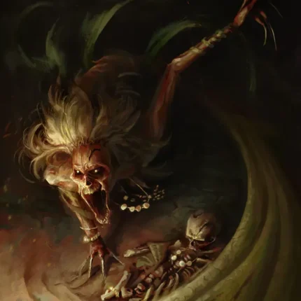 Snarling wild-haired swamp creature crouching over a skeleton in swirling mud