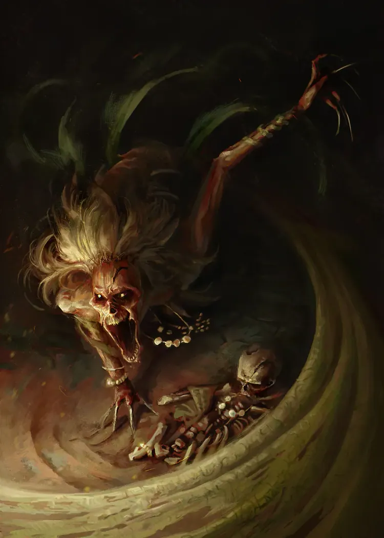 Feral Swamp Creature Crawling Over Bones Dark Fantasy Art Snarling wild-haired swamp creature crouching over a skeleton in swirling mud