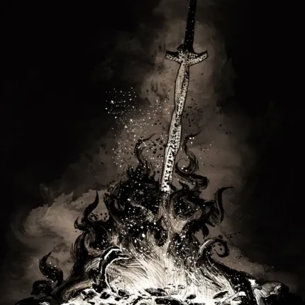 Dark Souls poster with a sword in a bonfire in black and white