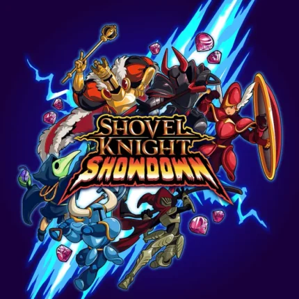 Shovel Knight Showdown logo with armored game characters and blue lightning
