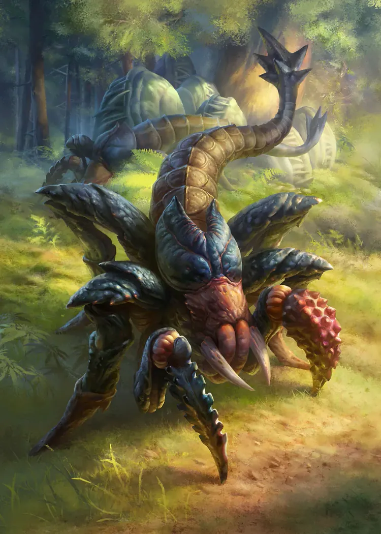 Gwent Armored Scorpion-Like Forest Creature Fantasy Poster Large armored scorpion-like creature with curled tail walking along a sunlit forest path