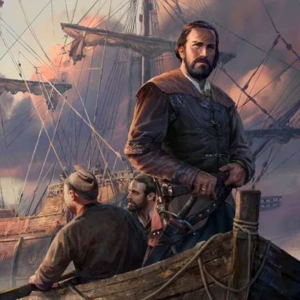 Bearded man in a brown coat standing in a rowboat with two rowers and tall sailing ships behind them