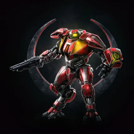 Red and silver combat robot with a yellow visor aiming a rifle before the circular Quake emblem